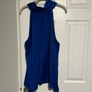 Royal blue sateen high neck, tie back blouse